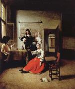 Weintrinkende woman in the middle of these men, Pieter de Hooch